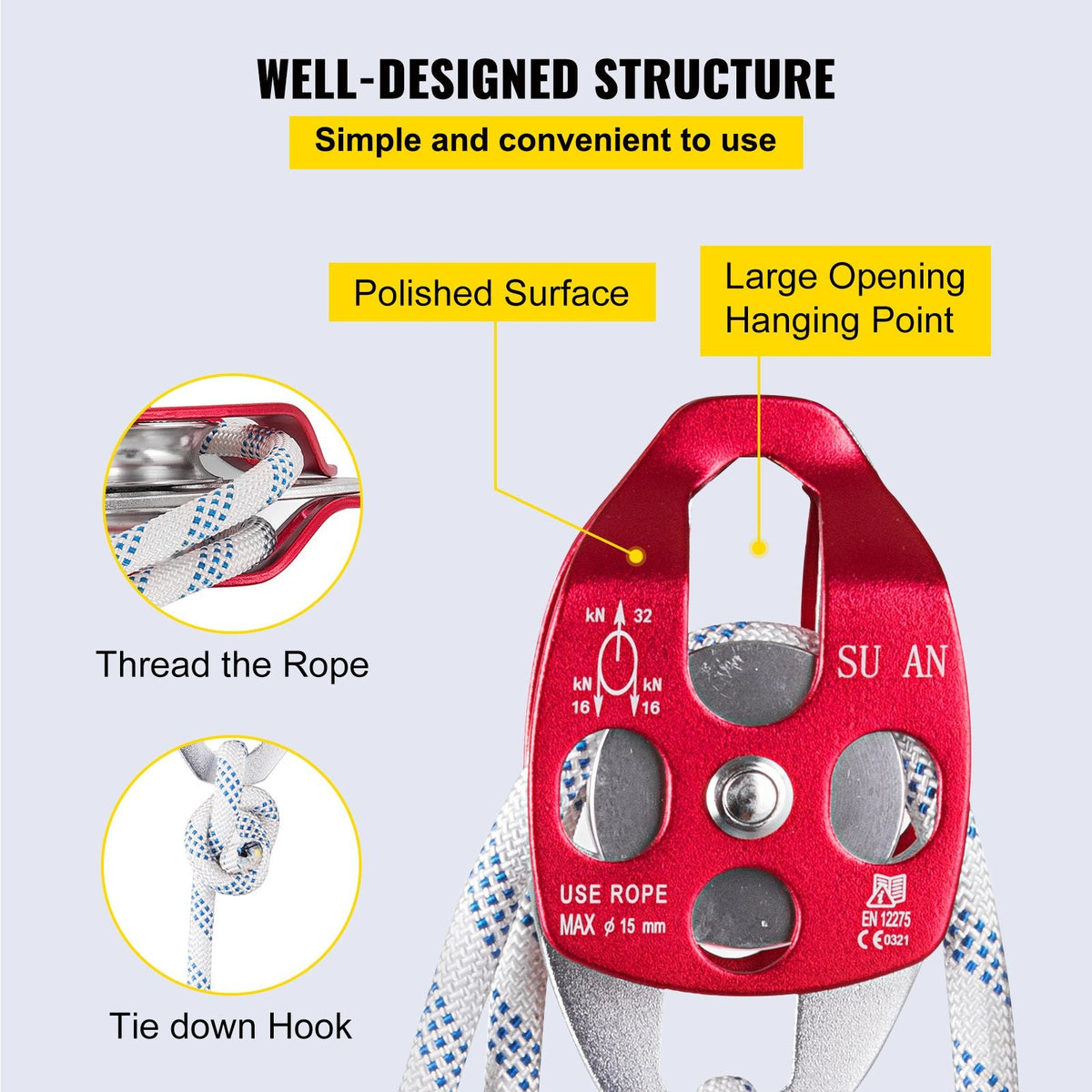 Double Pulley Block & Rope Kit, 1/2 inch x 98 ft Braided Line, Dual Pulley Rigging System, 35 kN Breaking Strength for Tower Work, Hoisting, Training & Outdoor Applications