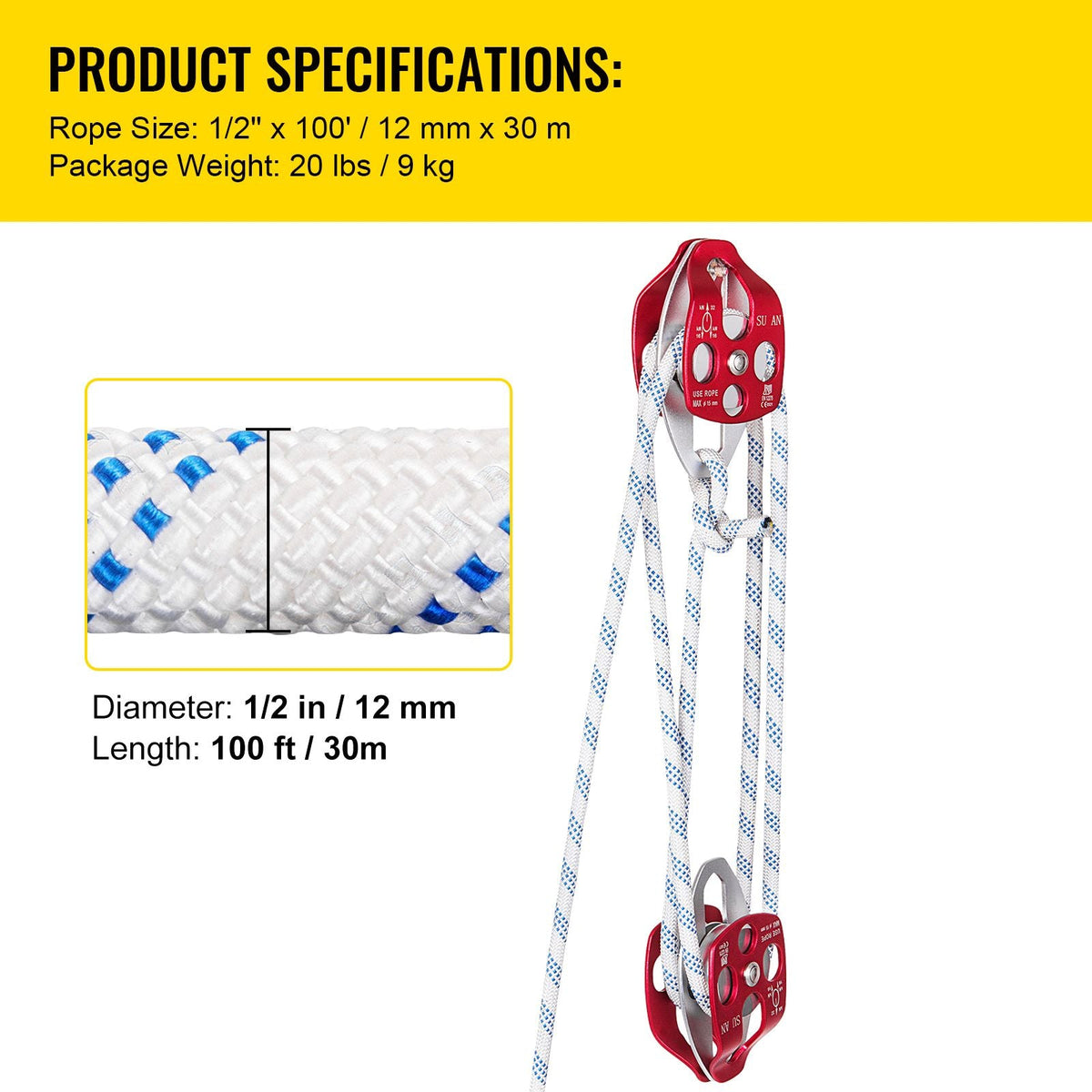 Double Pulley Block & Rope Kit, 1/2 inch x 98 ft Braided Line, Dual Pulley Rigging System, 35 kN Breaking Strength for Tower Work, Hoisting, Training & Outdoor Applications