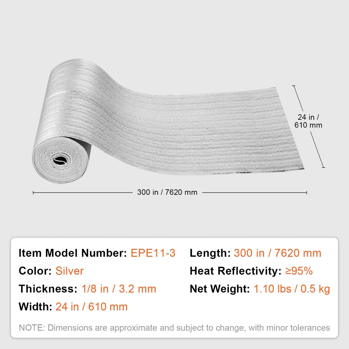 Double Reflective Insulation Roll, Foam Core Radiant Barrier, 3.2 mm 24 in x 25 ft, Double-Sided Aluminum Foil EPE Foam Heat Reflective Shield, Thermal Insulation Roll for Window RV Roof