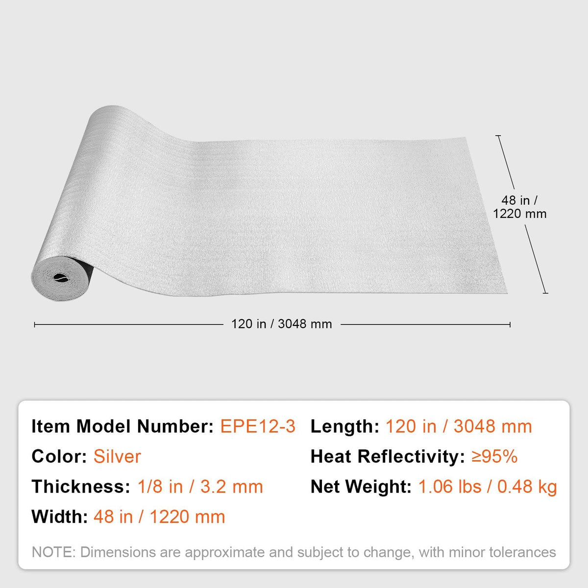 Double Reflective Insulation Roll, Foam Core Radiant Barrier, 3.2 mm 48 in x 10 ft, Double-Sided Aluminum Foil EPE Foam Heat Reflective Shield, Thermal Insulation Roll for Window RV Roof