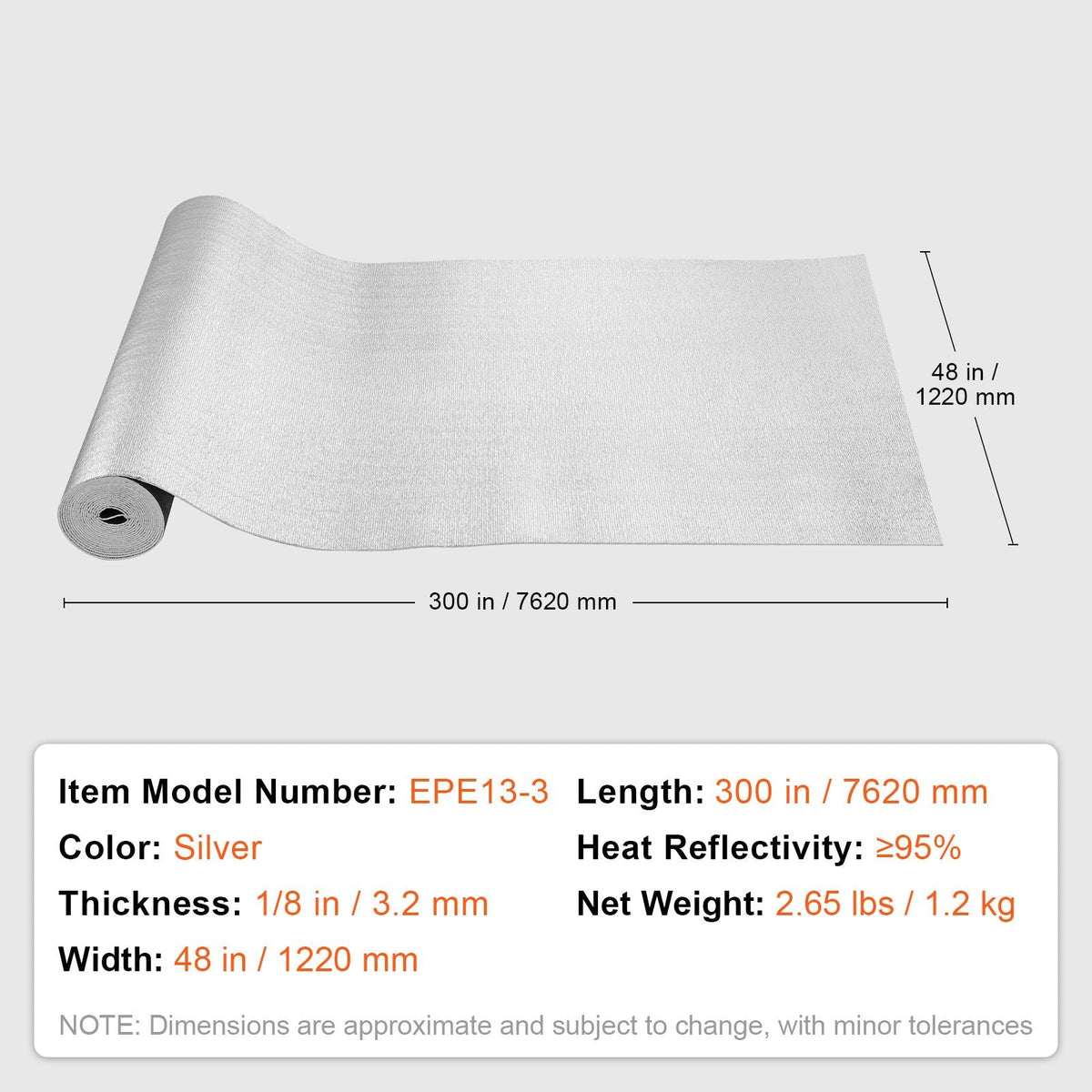 Double Reflective Insulation Roll, Foam Core Radiant Barrier, 3.2 mm 48 in x 25 ft, Double-Sided Aluminum Foil EPE Foam Heat Reflective Shield, Thermal Insulation Roll for Window RV Roof