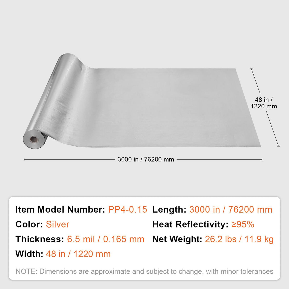 Double Reflective Insulation Roll, Woven Fabric Radiant Barrier, 6.5 Mil 48 in x 250 ft, Aluminum Foil PE Woven Cloth Heat Reflective Shield, Thermal Insulation Roll for Window RV Roof