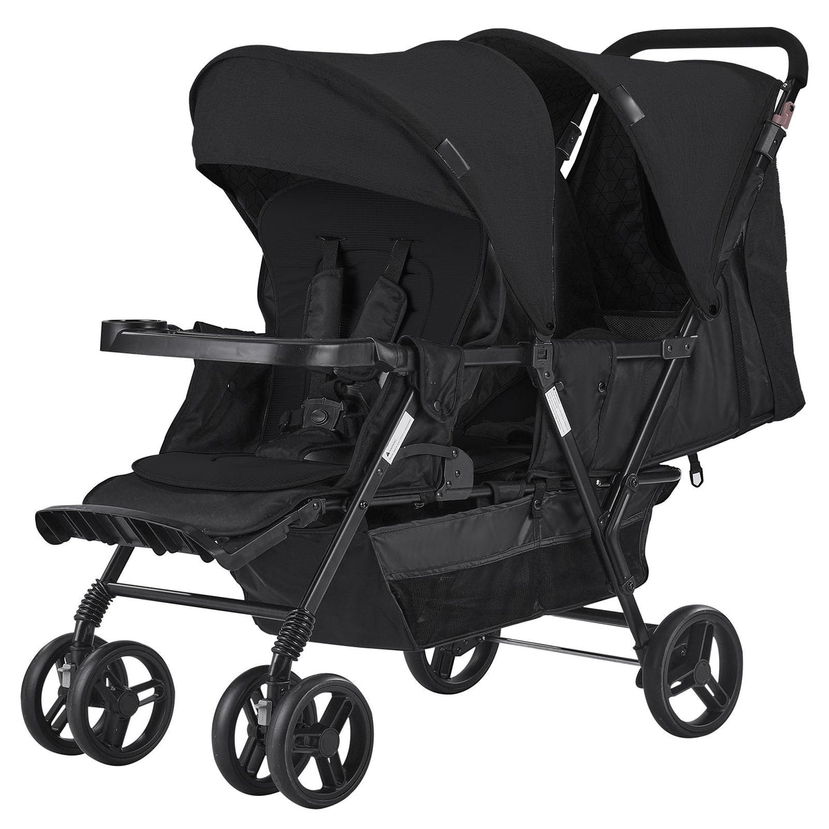 Double Stroller, Foldable Lightweight Twin Stroller with Tandem Seating, Adjustable Backrest/Footrest, Wrap-Around Safety Harness, Storage Basket & Tray, for Newborn and Toddler (Black)