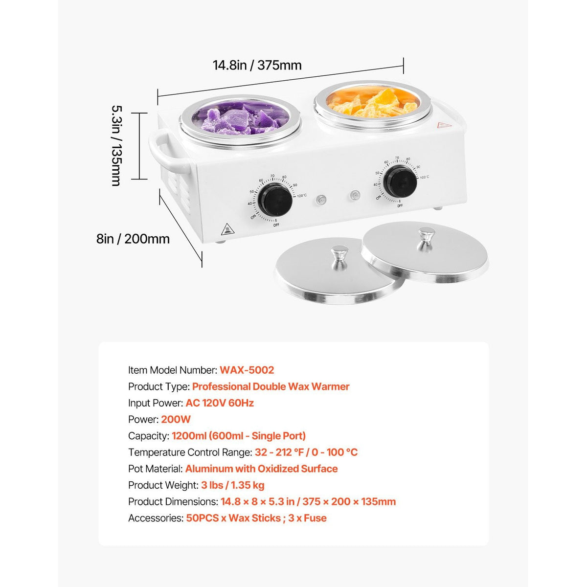Double Wax Warmer, 1200ML Professional Dual Wax Warmer for Hair Removal, 32 - 212 F Adjustable Electric Waxing Heater Pot with 50PCS Waxing Sticks for Home Use, Beauty Salon, Spa