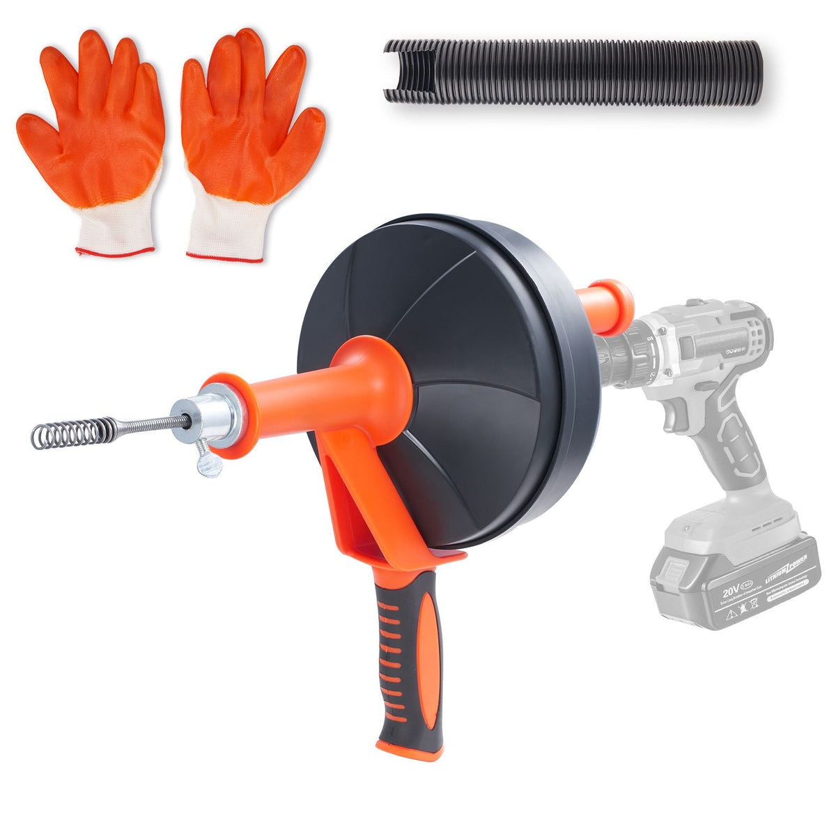 Drain Auger 25Ft, Plumbing Snake with Drill Attachment, Plumbers Snake Drain Clog Remover for Kitchen Bathroom Shower Sink with Protective Hose and Gloves
