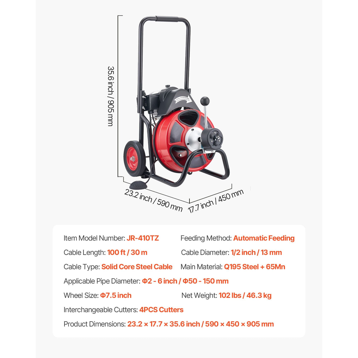 Drain Cleaner Machine 100 FT x 1/2 Inch, Auto Feed Sewer Snake Auger on Wheels, Portable Drain Cleaning Machine with 4 Cutters & Air-activated Foot Switch for 2" to 6" Pipes