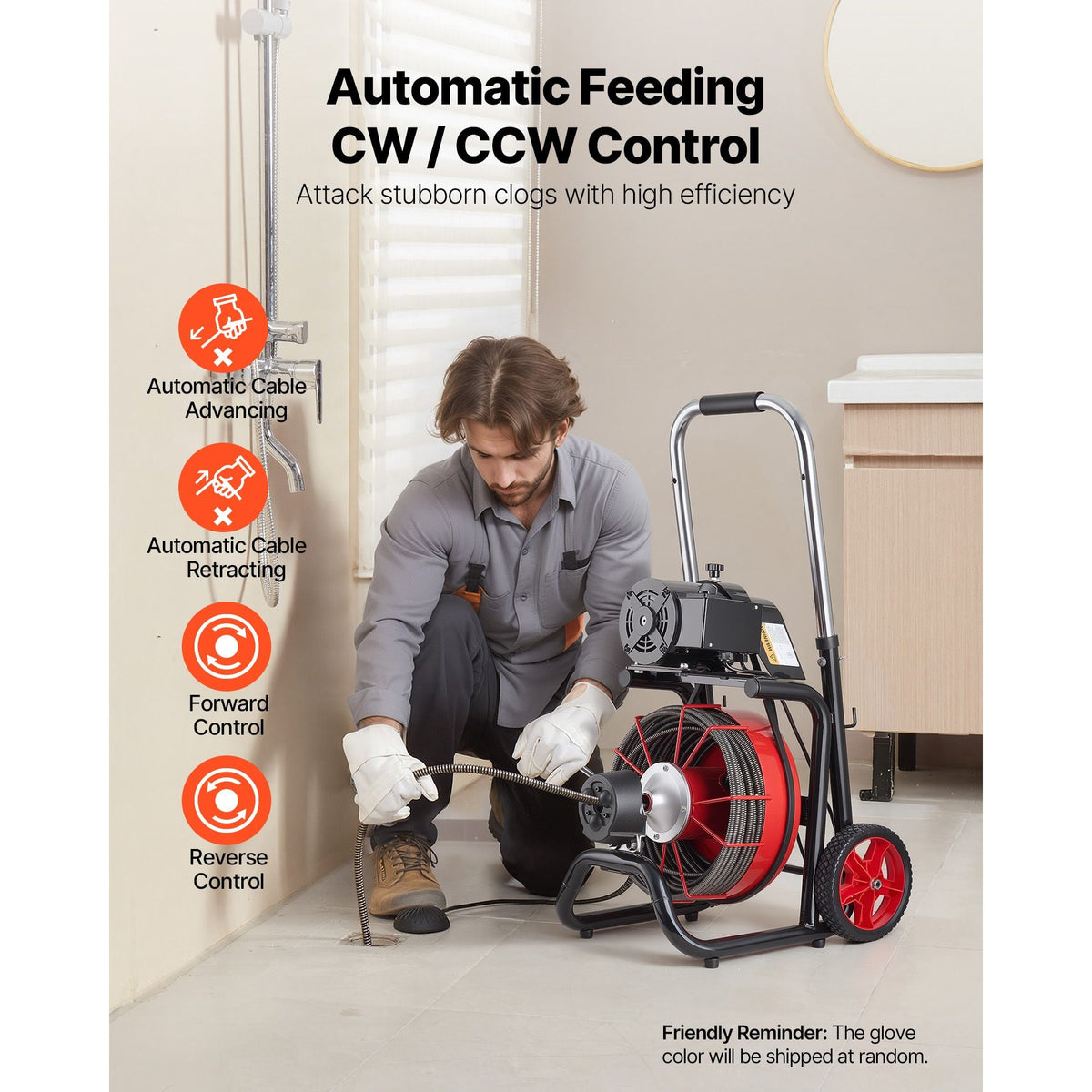 Drain Cleaner Machine 100 FT x 3/8 Inch, Auto Feed Sewer Snake Auger on Wheels - with 8 Cutters & Air-Activated Foot Switch for 2" to 4" Pipes