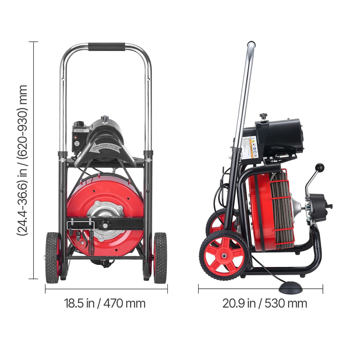 Drain Cleaner Machine 100 FT x 3/8 Inch, Auto Feed Sewer Snake Auger on Wheels - with 8 Cutters & Air-Activated Foot Switch for 2" to 4" Pipes