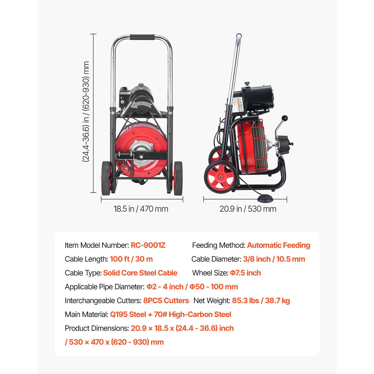 Drain Cleaner Machine 100 FT x 3/8 Inch, Auto Feed Sewer Snake Auger on Wheels - with 8 Cutters & Air-Activated Foot Switch for 2" to 4" Pipes