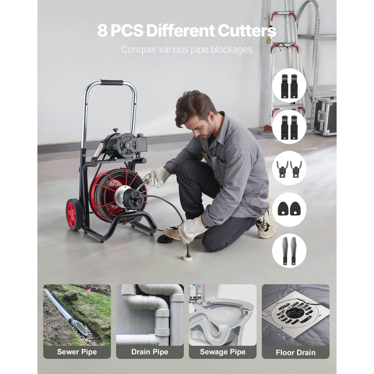 Drain Cleaner Machine 100 FT x 3/8 Inch, Auto Feed Sewer Snake Auger on Wheels - with 8 Cutters & Air-Activated Foot Switch for 2" to 4" Pipes