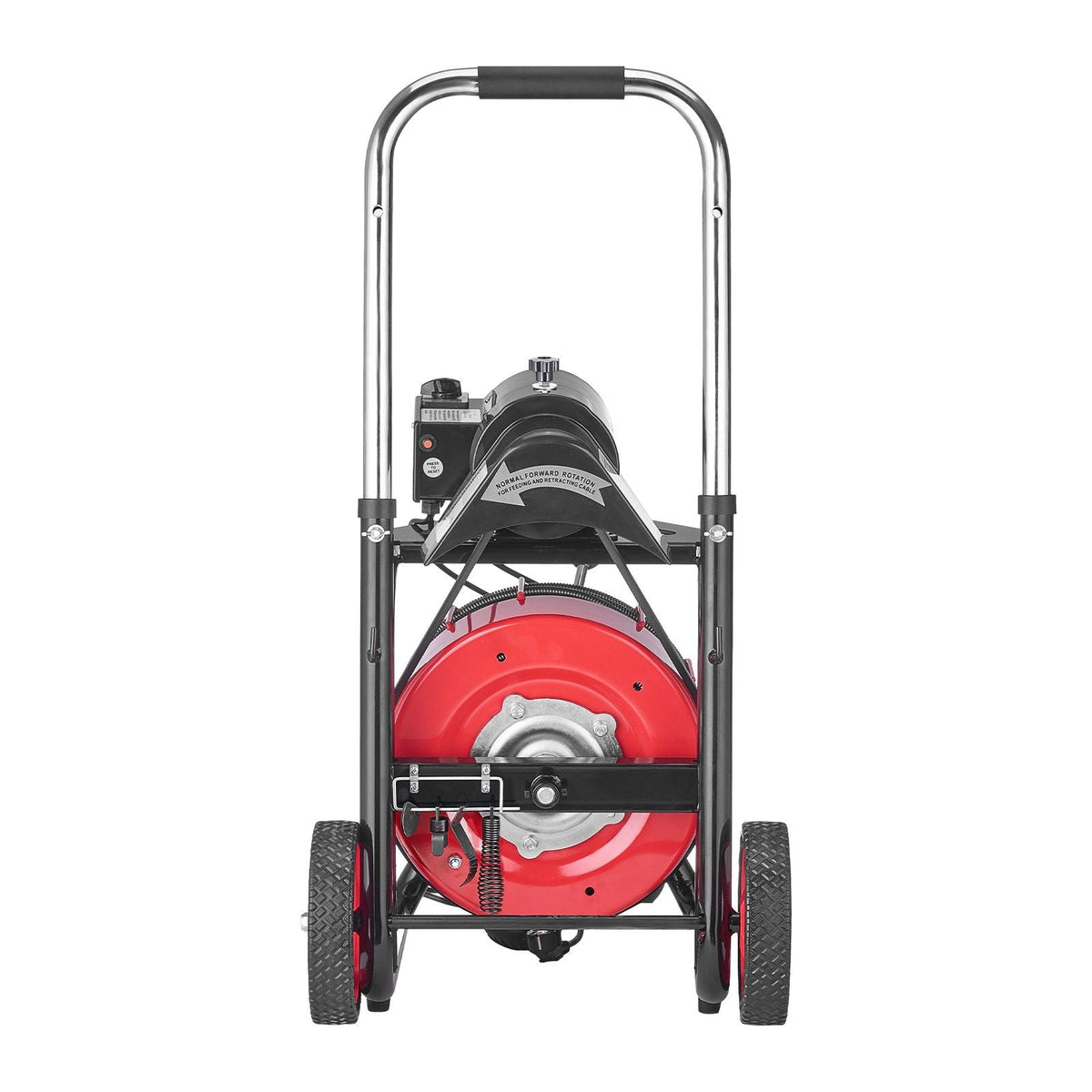 Drain Cleaner Machine 100 FT x 3/8 Inch, Auto Feed Sewer Snake Auger on Wheels - with 8 Cutters & Air-Activated Foot Switch for 2" to 4" Pipes