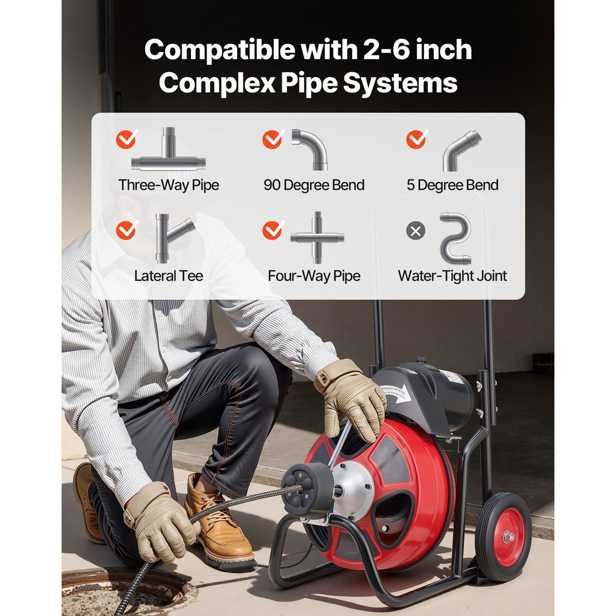 Drain Cleaner Machine 50 FT x 1/2 Inch, Auto Feed Sewer Snake Auger on Wheels, Portable Drain Cleaning Machine with 4 Cutters & Air-activated Foot Switch for 2" to 6" Pipes