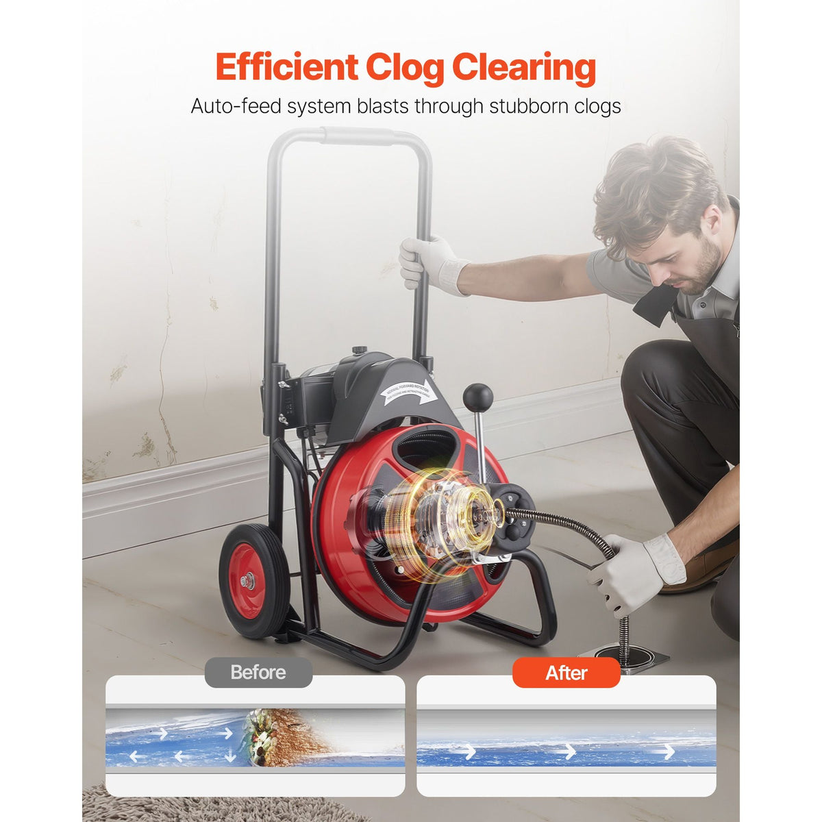 Drain Cleaner Machine 50 FT x 1/2 Inch, Auto Feed Sewer Snake Auger on Wheels, Portable Drain Cleaning Machine with 4 Cutters & Air-activated Foot Switch for 2" to 6" Pipes