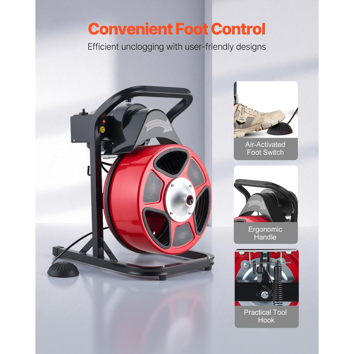 Drain Cleaner Machine 50 FT x 1/2 Inch, Manual Feed Sewer Snake Auger with 4 Cutters & Air-Activated Foot Switch for 2" to 6" Pipes