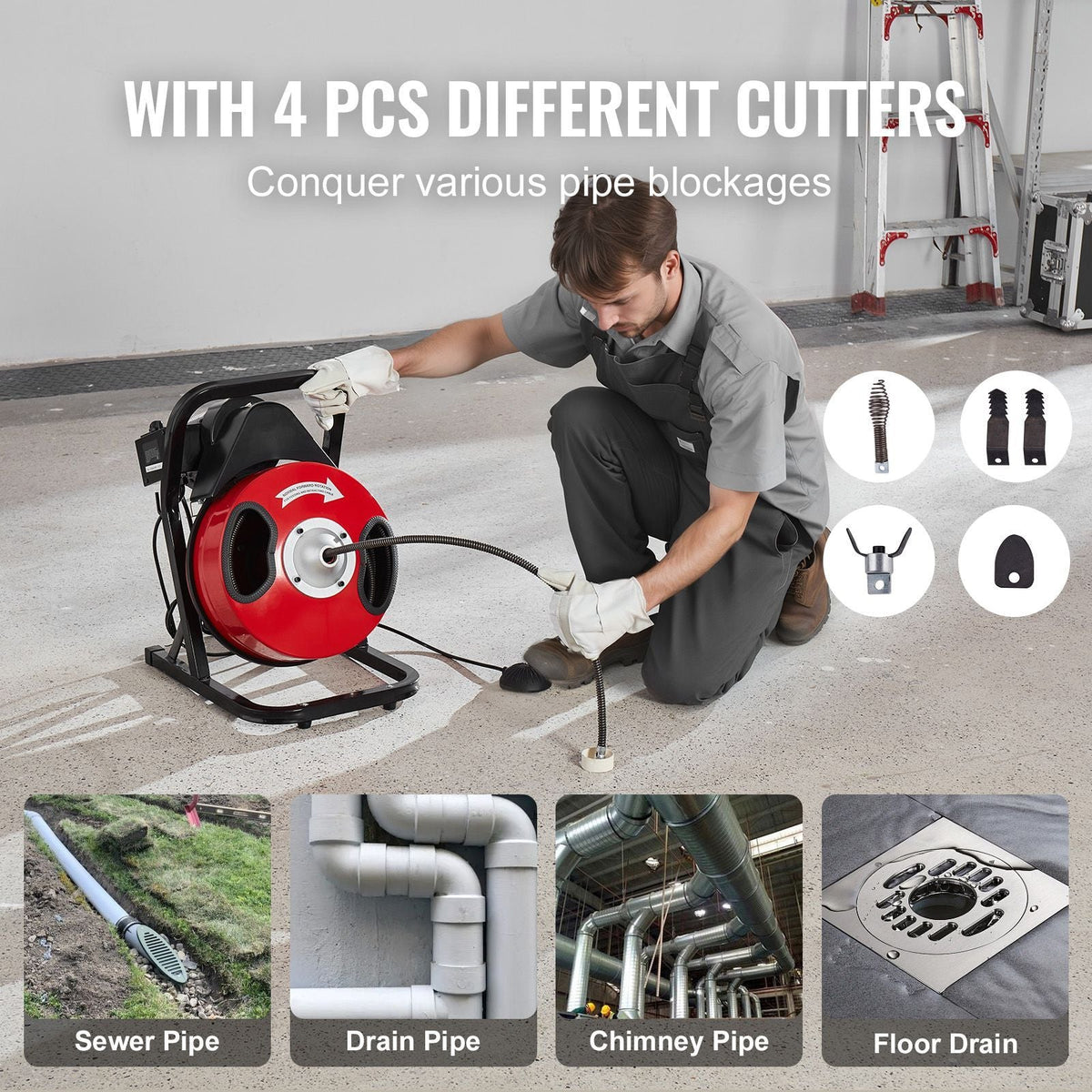 Drain Cleaner Machine 50FT x 1/2 Inch, Manual Feed Sewer Snake Auger - with 4 Cutters & Air-activated Foot Switch for 2" to 4" Pipes