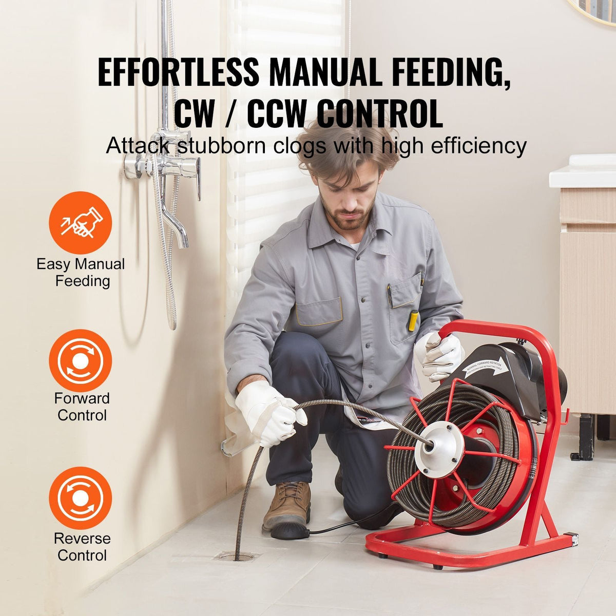 Drain Cleaner Machine 75FT x 3/8 Inch, Sewer Snake Auger Manual Feed, 250W Electric Drain Cleaning Machine with 4 Cutters & Air-activated Foot Switch for 2" to 4" Pipes