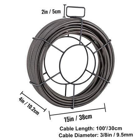 Drain Cleaning Cable 100 FT x 3/8 Inch, Solid Core Steel Sewer Cable with 4 Cutter for 2" to 4" Pipes, Sewer Auger Cleaner Cable for Sink, Floor Drain, Toilet