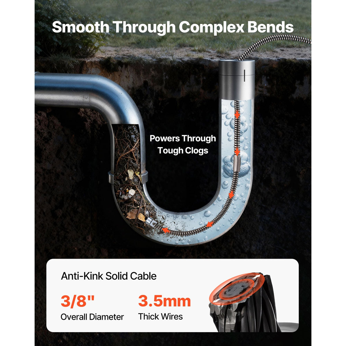 Drain Cleaning Cable 50 Feet x 3/8 Inch Solid Core Cable Sewer Cable Drain Auger Cable Cleaner Snake Clog Pipe Drain Cleaning Cable Sewer Drain Auger Snake Pipe