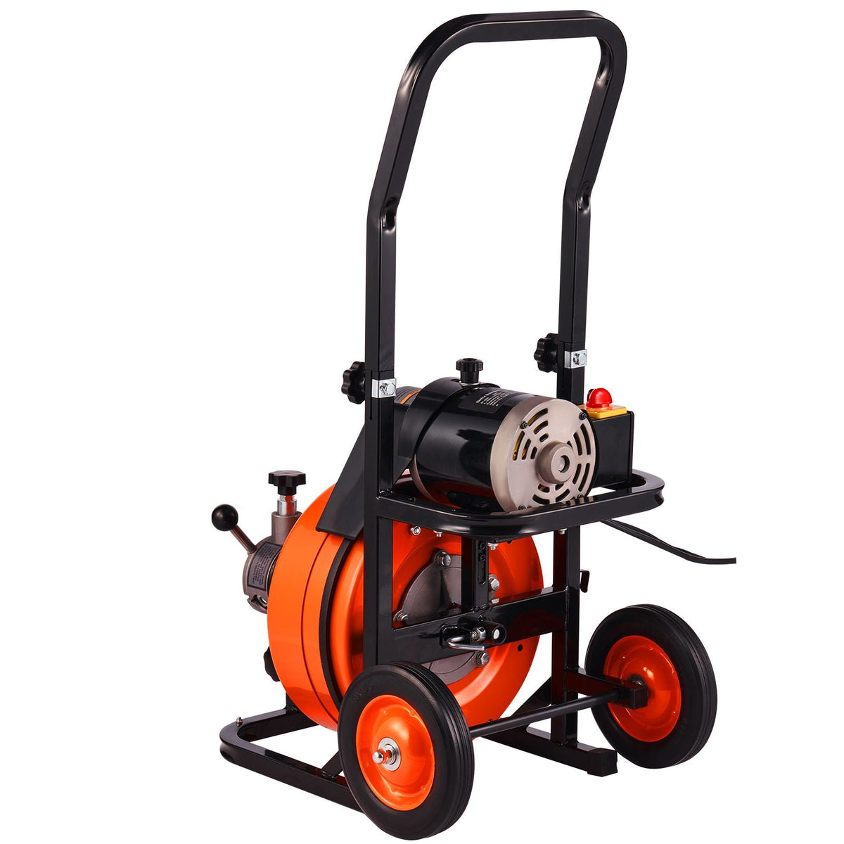 Drain Cleaning Machine 50 FT x 1/2 Inch, Sewer Auger Auto Feed with 4 Cutter & Air-activated Foot Switch for 1" to 4" Pipes, Orange, Black