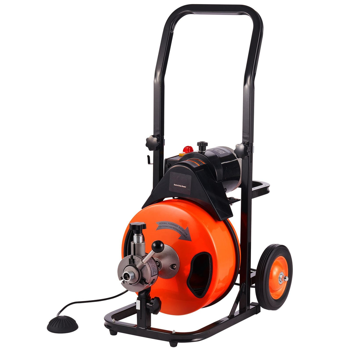 Drain Cleaning Machine 50 FT x 1/2 Inch, Sewer Auger Auto Feed with 4 Cutter & Air-activated Foot Switch for 1" to 4" Pipes, Orange, Black