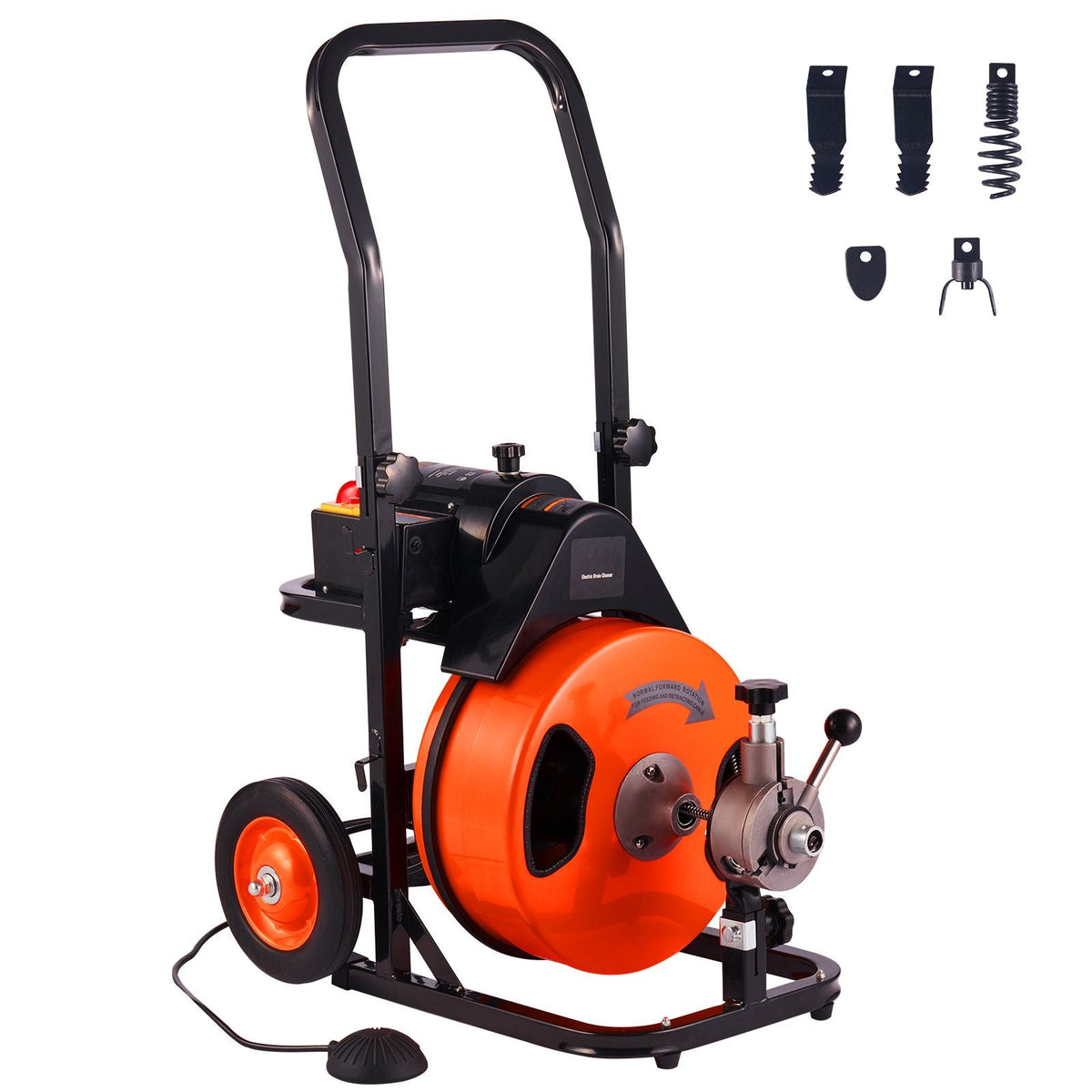 Drain Cleaning Machine 50 FT x 1/2 Inch, Sewer Auger Auto Feed with 4 Cutter & Air-activated Foot Switch for 1" to 4" Pipes, Orange, Black