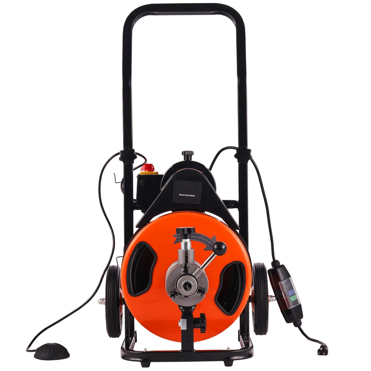 Drain Cleaning Machine 50 FT x 1/2 Inch, Sewer Auger Auto Feed with 4 Cutter & Air-activated Foot Switch for 1" to 4" Pipes, Orange, Black