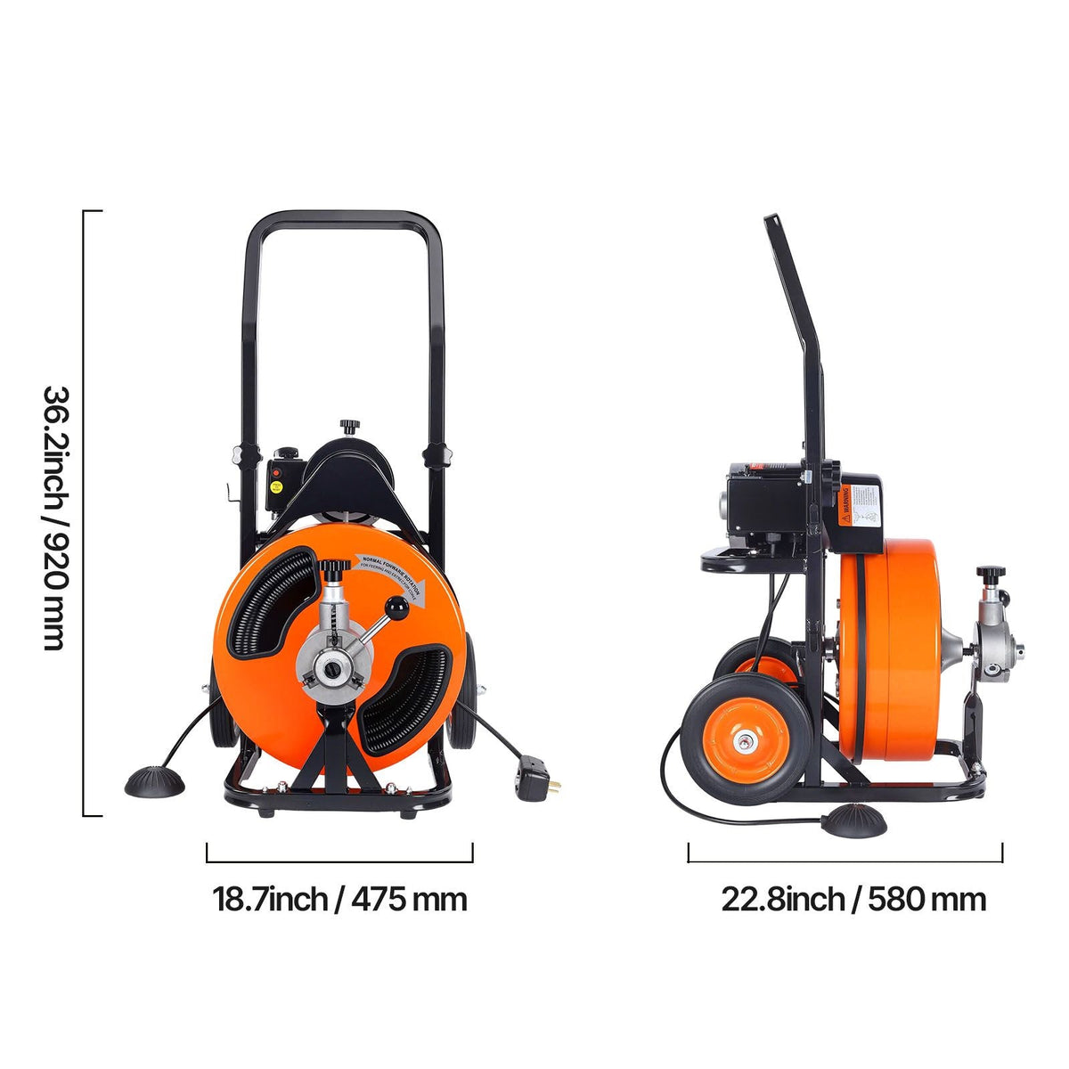 Drain Cleaning Machine 50 FT x 1/2 Inch, Sewer Auger Auto Feed with 4 Cutter & Air-activated Foot Switch for 1" to 4" Pipes, Orange, Black