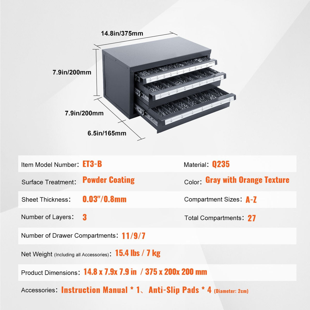 Drill Bit Dispenser Cabinet, Three-Drawer Drill Bit Organizer Cabinet for A to Z, Steel Drill Dispenser Organizer Cabinet with Labels, Stackable Drill Dispenser for Drill Bit Storage