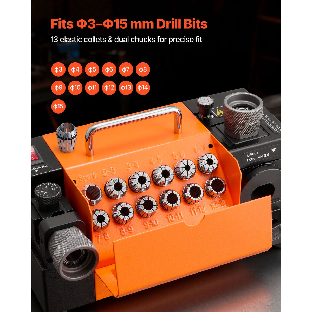 Drill Bits Sharpener MR-13B+, 3-15mm Drill Bit Grinder Sharpener with Adjustable Lip Relief Angle & 95°-135° Point Angle, 5800RPM High Speed Re-Sharpener with 13 Collets, CBN & SDC Wheels