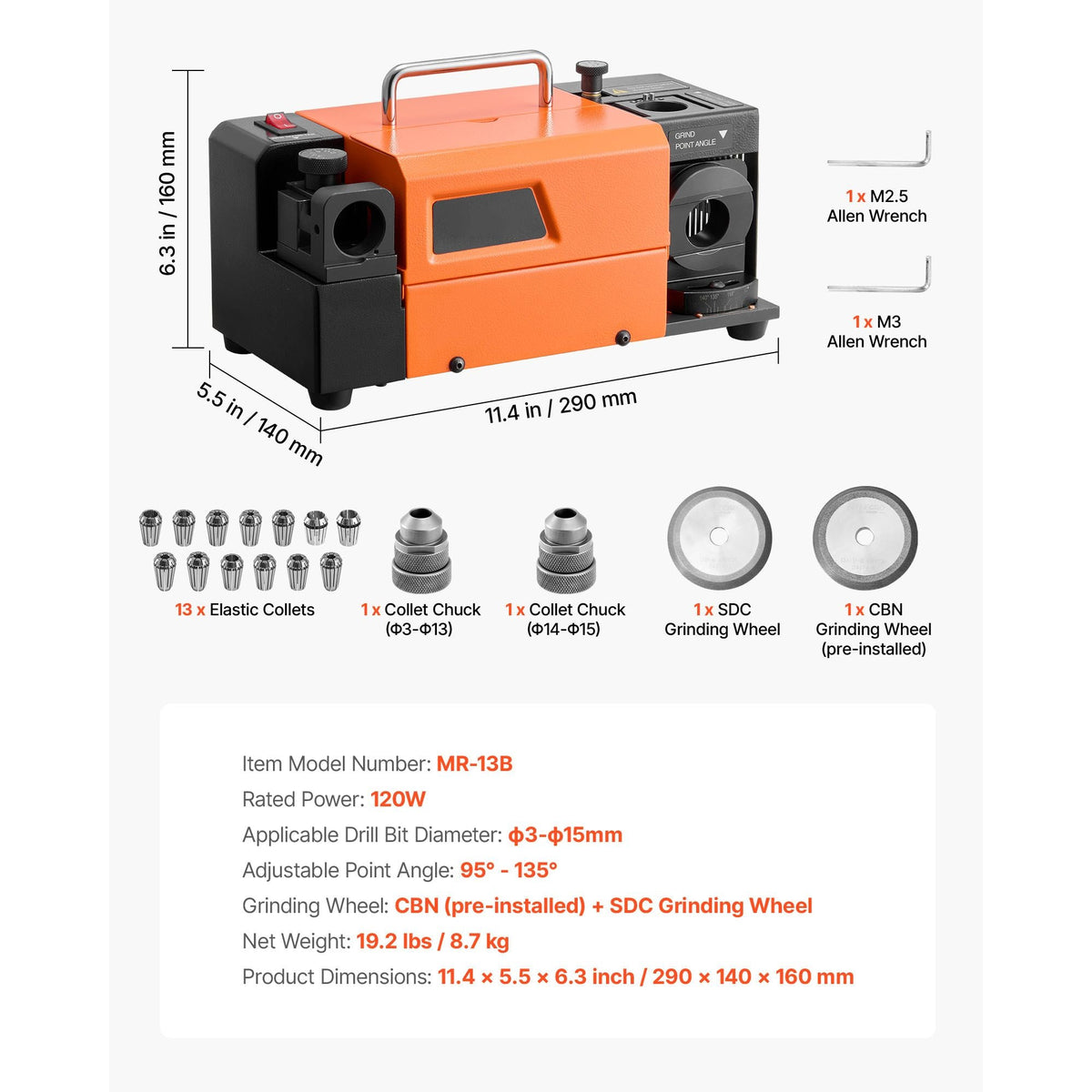 Drill Bits Sharpener MR-13B+, 3-15mm Drill Bit Grinder Sharpener with Adjustable Lip Relief Angle & 95°-135° Point Angle, 5800RPM High Speed Re-Sharpener with 13 Collets, CBN & SDC Wheels