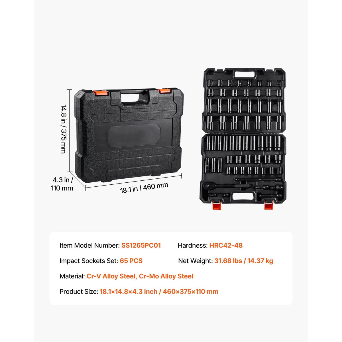 Drive Impact Socket Set 1/2" - 65PCS Deep & Standard Socket Set SAE 3/8" to 1-1/4" and Metric 10-24mm, 6 Point CR-V & Cr-Mo Alloy Steel for Auto Repair - Easy-to-Read Size Markings, Storage Case