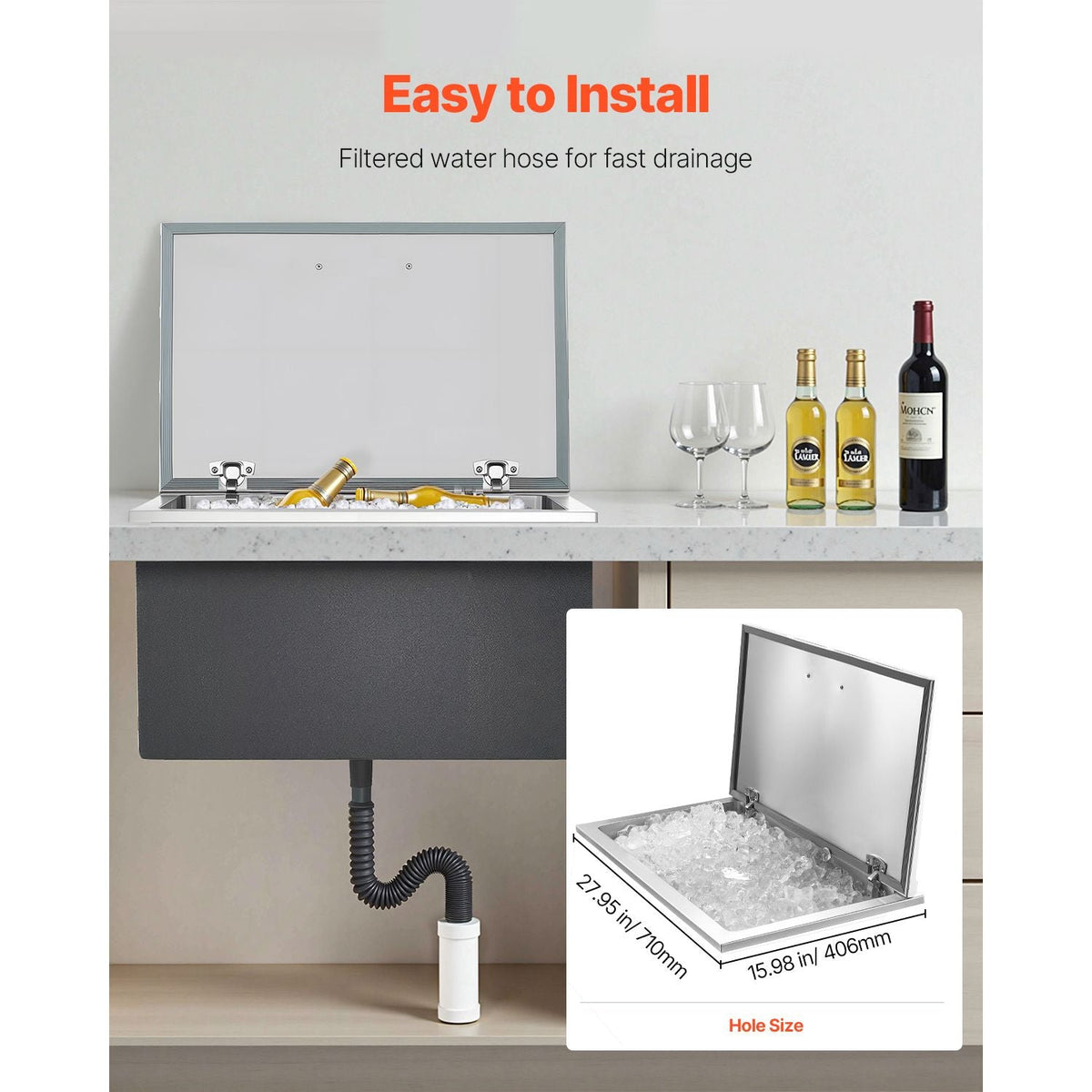 Drop in Ice Chest, 28"L x 16"W x 17"H Stainless Steel Drop in Cooler, 87.6 Quart Commercial Ice Bin with Flip Lid for Outdoor Kitchen Patio Bar, Drain-pipe Set Included, for Cold Wine Beer