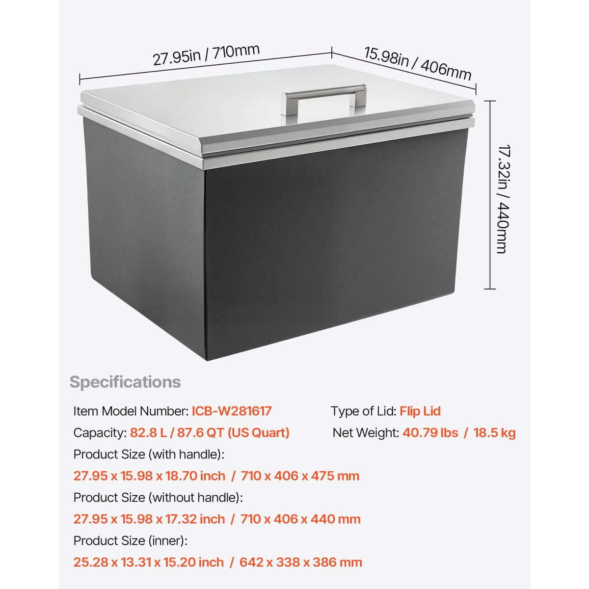 Drop in Ice Chest, 28"L x 16"W x 17"H Stainless Steel Drop in Cooler, 87.6 Quart Commercial Ice Bin with Flip Lid for Outdoor Kitchen Patio Bar, Drain-pipe Set Included, for Cold Wine Beer