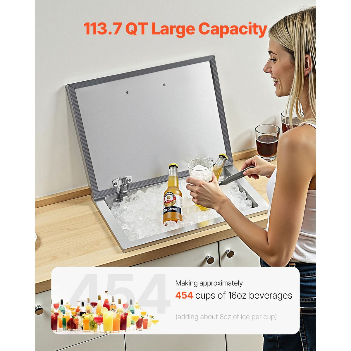 Drop in Ice Chest, 28"L x 20"W x 17"H Stainless Steel Drop in Cooler, 113.7 Quart Commercial Ice Bin with Flip Lid for Outdoor Kitchen Patio Bar, Drain-pipe Set Included, for Cold Wine Beer