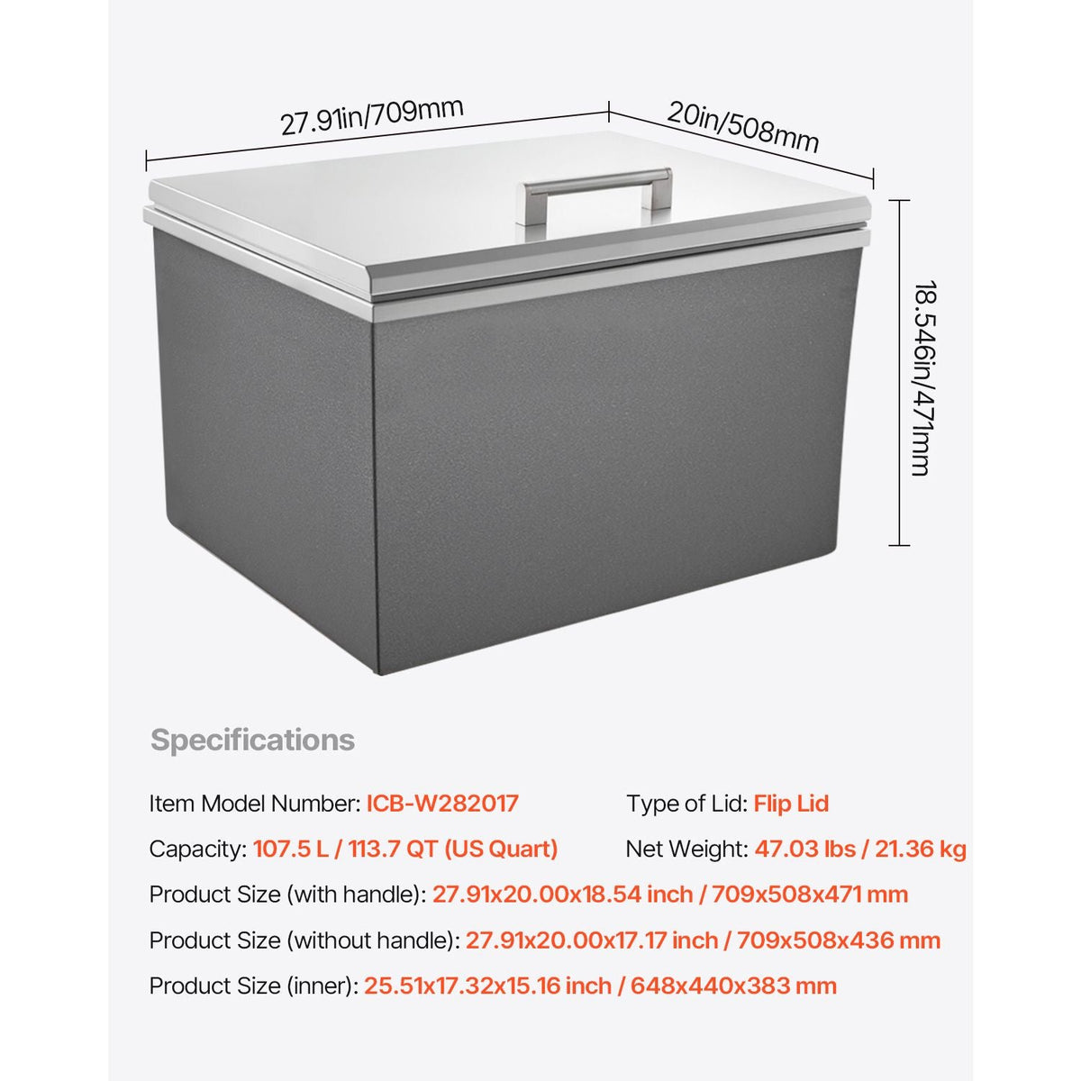 Drop in Ice Chest, 28"L x 20"W x 17"H Stainless Steel Drop in Cooler, 113.7 Quart Commercial Ice Bin with Flip Lid for Outdoor Kitchen Patio Bar, Drain-pipe Set Included, for Cold Wine Beer