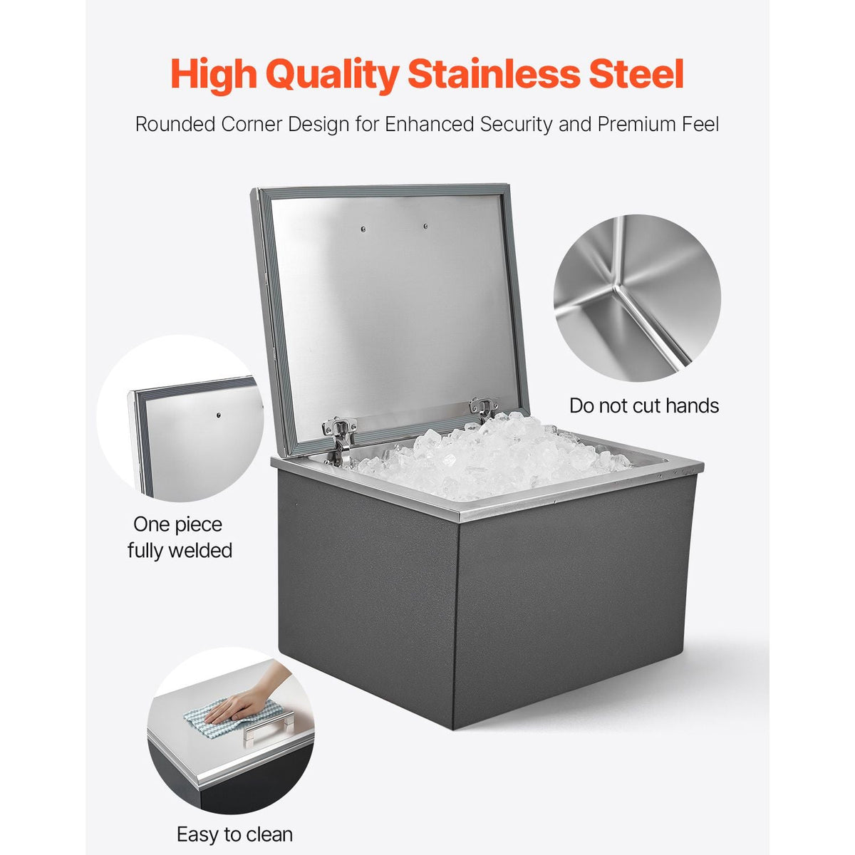 Drop in Ice Chest, 28"L x 20"W x 17"H Stainless Steel Drop in Cooler, 113.7 Quart Commercial Ice Bin with Flip Lid for Outdoor Kitchen Patio Bar, Drain-pipe Set Included, for Cold Wine Beer