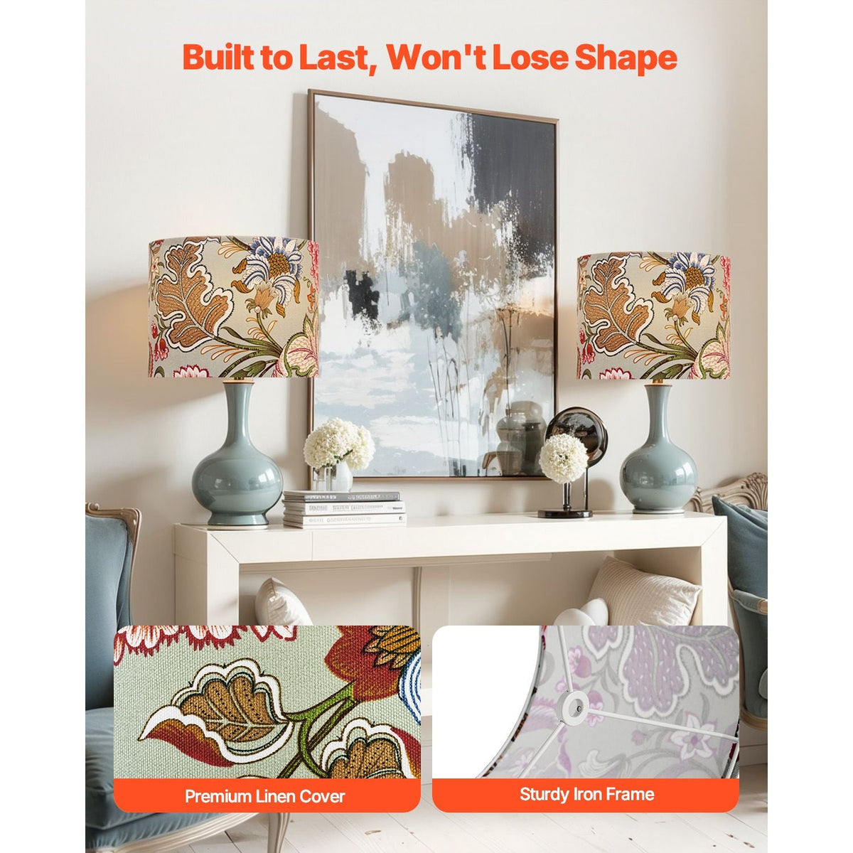 Drum Lamp Shade 2 Set, 13 in Top x 13 in Bottom x 10 in High, Medium Drum Linen Lampshade, Replacement Lamp Shade for Table Lamps Floor Lamps Pendant Lights, Easy Assembly Required (Dark Floral)