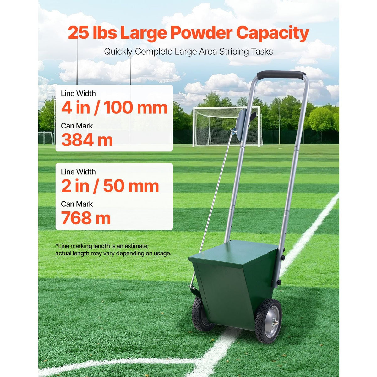 Dry Line Marker, 2-Wheel, 2 or 4 in Lines, Field Dry Line Chalker, Adjustable Line Marker, with Rubber Adjustment Handle, 25 lbs Large Powder Capacity, for Baseball and Softball Infield, Green