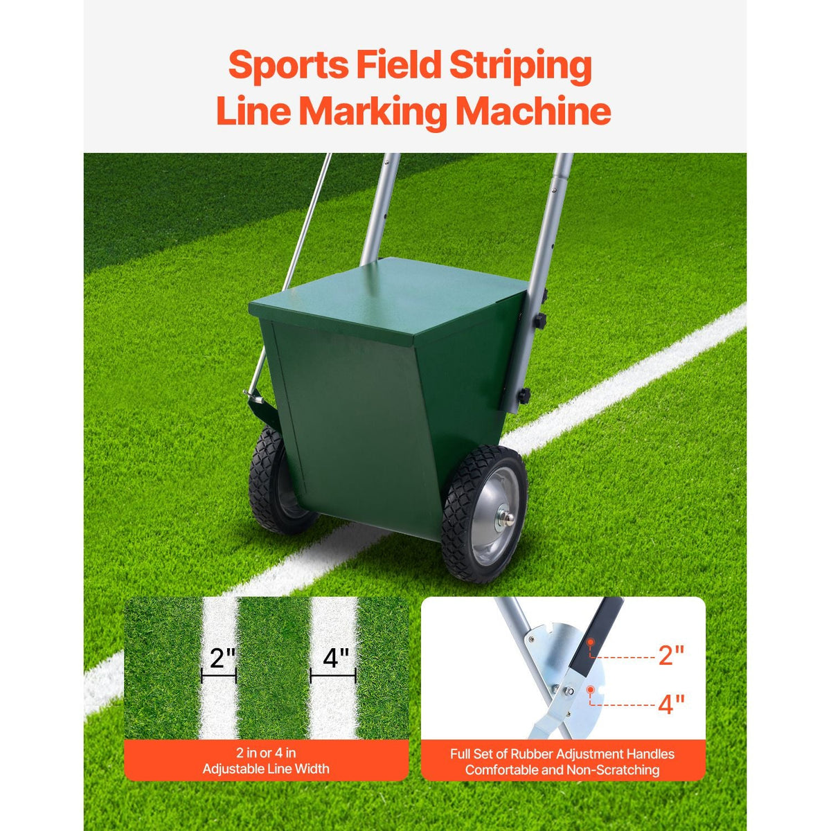 Dry Line Marker, 2-Wheel, 2 or 4 in Lines, Field Dry Line Chalker, Adjustable Line Marker, with Rubber Adjustment Handle, 25 lbs Large Powder Capacity, for Baseball and Softball Infield, Green