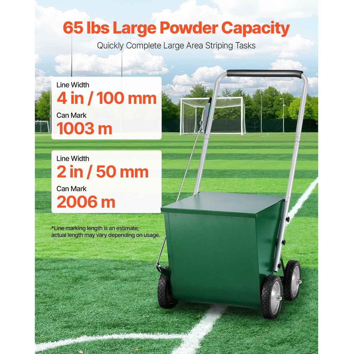 Dry Line Marker, 4-Wheel, 2 or 4 in Lines, Field Dry Line Chalker, Adjustable Line Marker, with Rubber Adjustment Handle, 65 lbs Large Powder Capacity, for Baseball and Softball Infield, Green