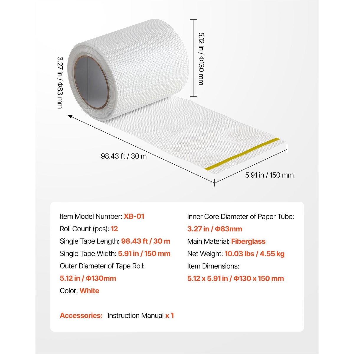Drywall Mesh Tape, 5.91 inch W x 98.43 ft L Self-Adhesive Fiberglass Drywall Joint Tape, 12 Rolls Dry Wall Patch for Easy Sheetrock Ceiling Crack Repair, to Achieve Smooth Even Wall Surface