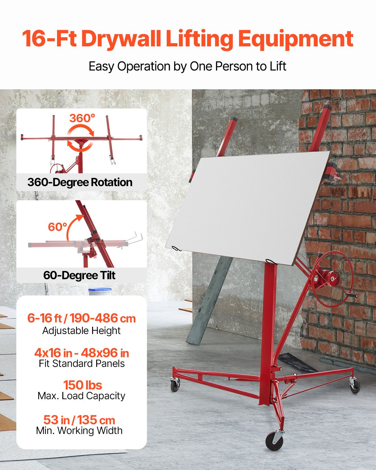 Drywall Rolling Lifter Panel, 16ft Sheetrock Lift Drywall Lift, 150lb Weight Capacity Panel Hoist Jack Tool, Steel Material with Telescopic Arm & 3 Lockable Wheels, 48x192 in Plasterboard Size