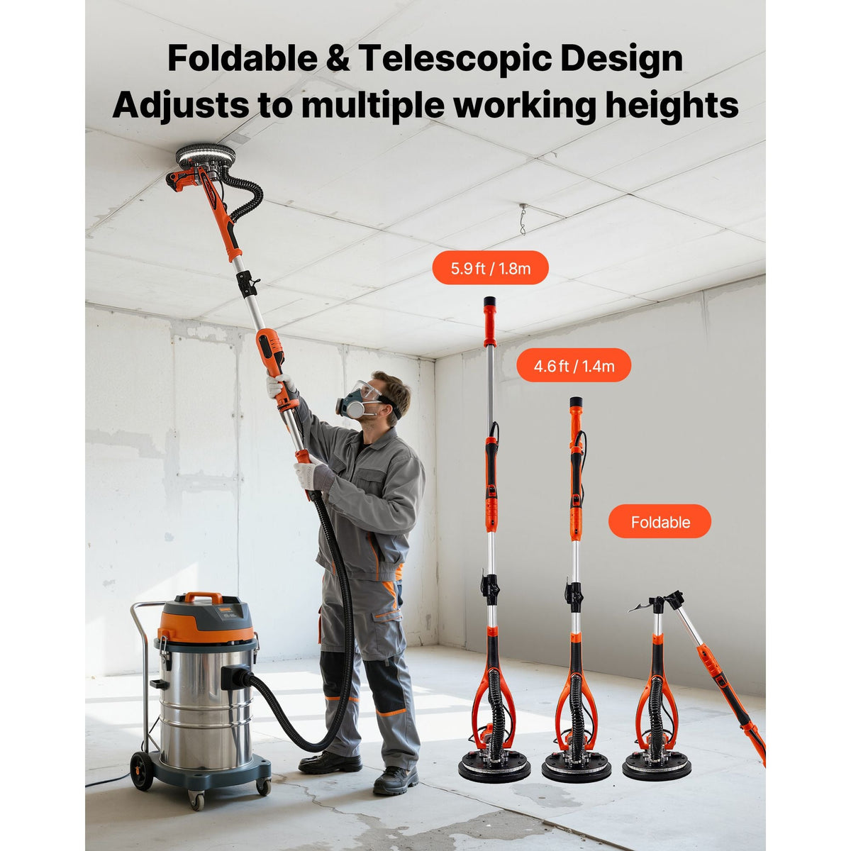Drywall Sander, 850W Electric Drywall Sander, Popcorn Ceiling Removal Tool with 5 Variable Speed 800-1700 RPM, Double-Deck LED Light, Foldable & Extendable Handle, 15 Sanding Discs, Dust Hose