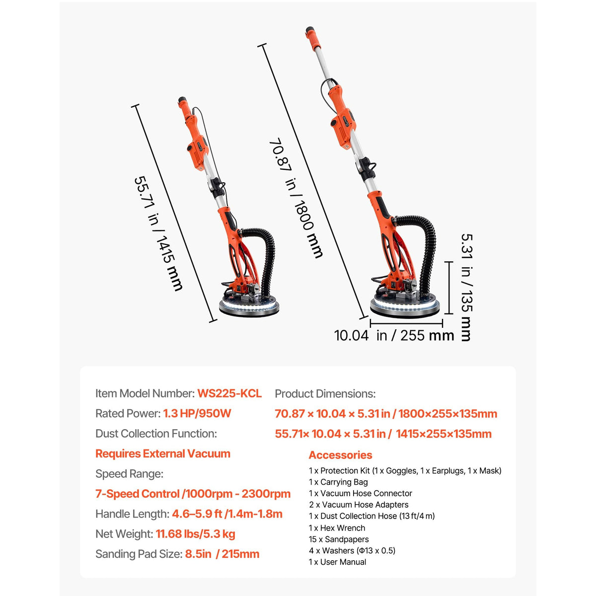 Drywall Sander, 950W Electric Drywall Sander, Popcorn Ceiling Removal Tool with 7 Variable Speed 1000-2300 RPM, Double-Deck LED Light, Foldable & Extendable Handle, 15 Sanding Discs, Dust Hose