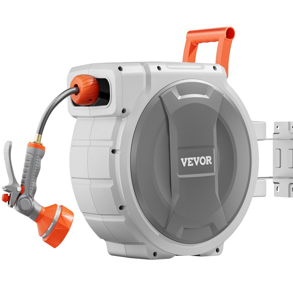 Retractable Garden Hose Reel, 5/8 Inch x 100 ft Wall Mounted Hose Reel, Heavy Duty Garden Hose Reel with 9 Patterns Nozzle, Any Length Lock, Upgraded Slow Return System and 180°Swivel Bracket