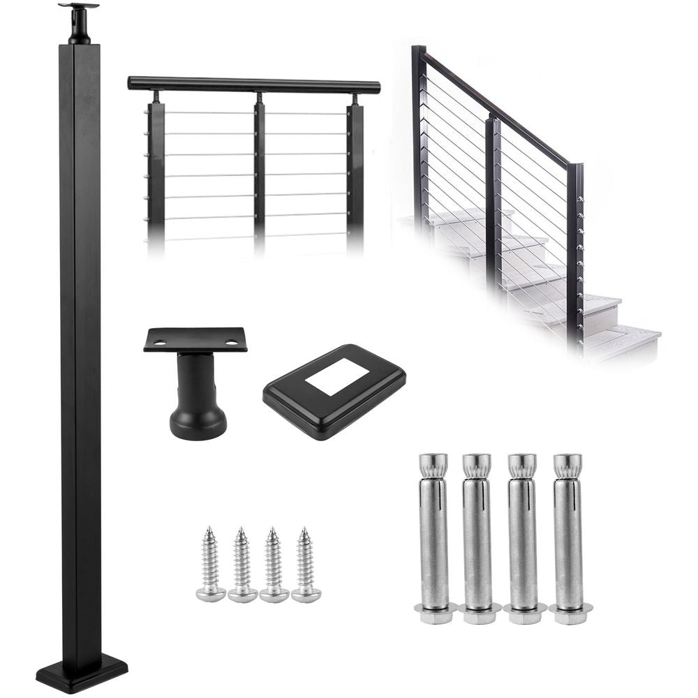 Cable Rail Post Level Deck Stair Post 42 x 0.98 x 1.97" Cable Handrail Post Stainless Steel Brushed Finishing Deck Railing DIY Picket Without Hole Stair Railing Kit with Mount Bracket Black