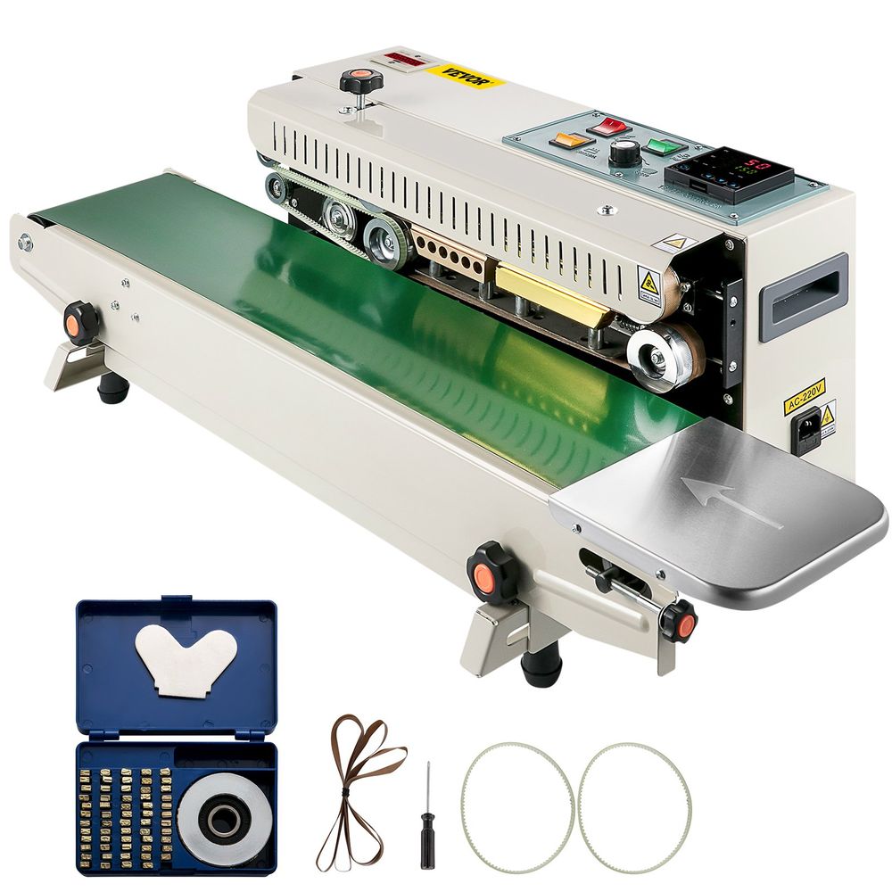 Continuous Bag Band Sealing Machine FR900K Band Sealer Machine with Digital Temperature Control Horizontal Bag Sealer for 0.02-0.08 mm Plastic Bags Continuous Band Sealer w/ Printing Function