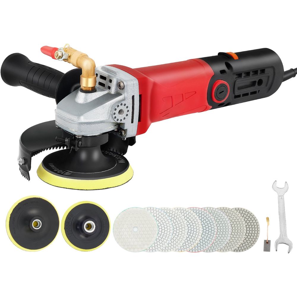 Wet Buffer / Polisher, Variable Speed 8 pcs Kit, Extra 4" & 5" Diamond Polishing Pads , Buffing Machine w 59" Pipe Adapter & Splash Shield, Concrete Stone Tool for Granite/Marble Countertop CE