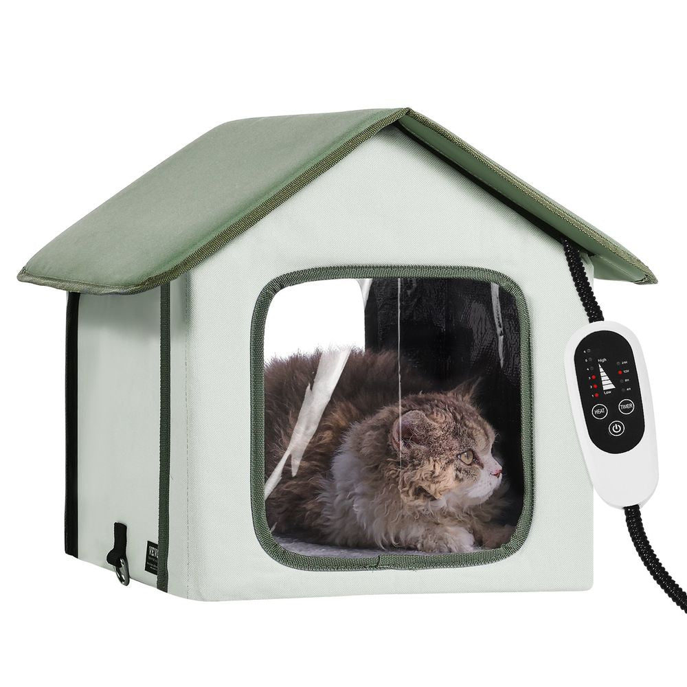 Elevated Heated Cat House Outdoor Kitty Shelter with Heated Pad Green (S)