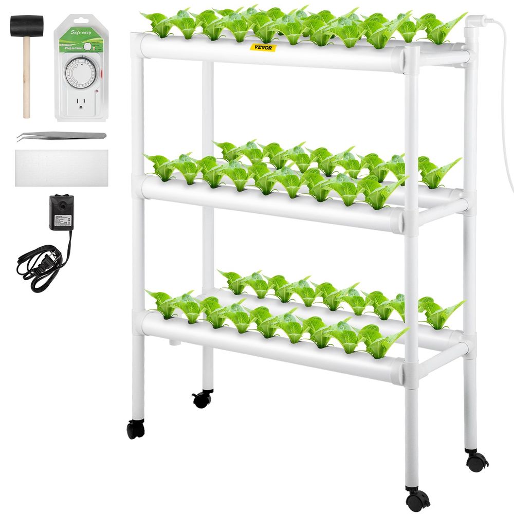 Hydroponics Growing System, 54 Sites 6 Food-Grade PVC-U Pipes, 3 Layers Indoor Planting Kit with Water Pump, Timer, Nest Basket, Sponge for Fruits, Vegetables, Herb, White